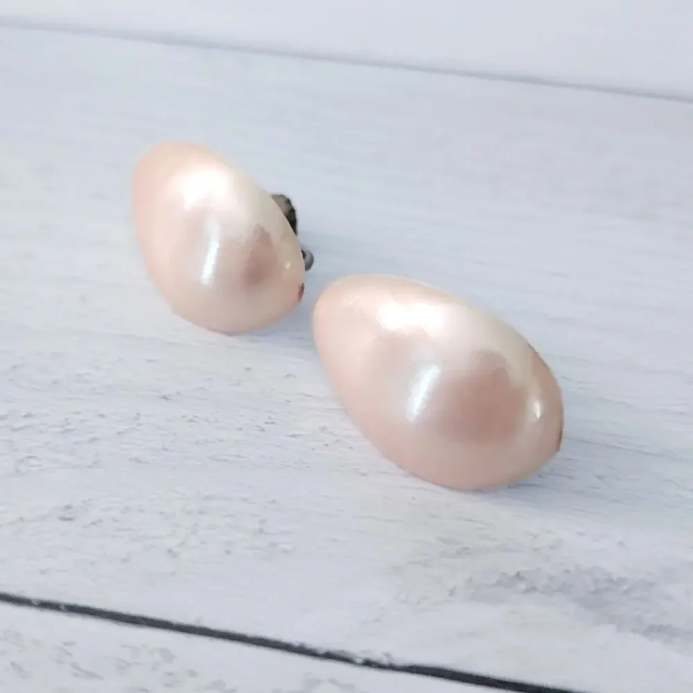 Vintage Screw On Earrings Pearlescent Pink-ish Curved Teardrop Shape